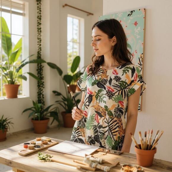 Cache Y2K Tropical Rainforest Flora& Jaguar Sweater Top MD Artsy Farm Rio Vibe - Picture 2 of 16